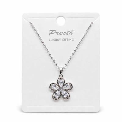 Silver Finish Crystal Flower Pendant Necklace for Women